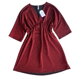 2 Hearts Women S Red LUREX Metallic Ruched Waist V Neck Kimono Sleeve Mini Dress